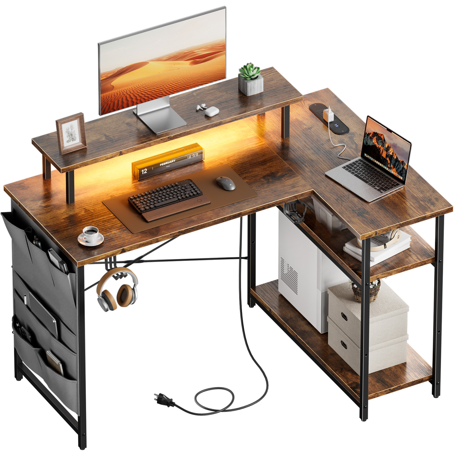 Office X Furniture - L자형 컴퓨터 책상, 전원 콘센트와 LED